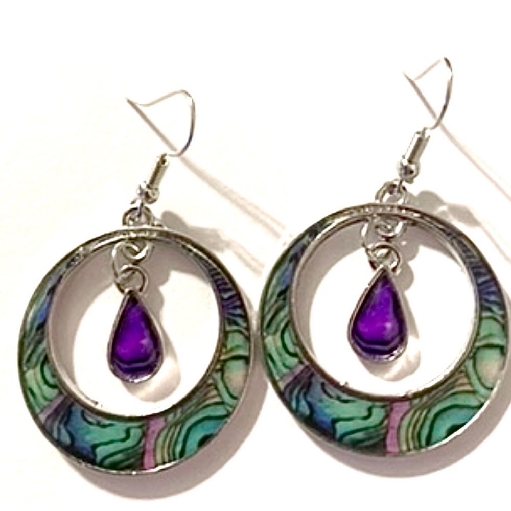 Abalone Purple Rhinestone Hoop Dangle Earrings